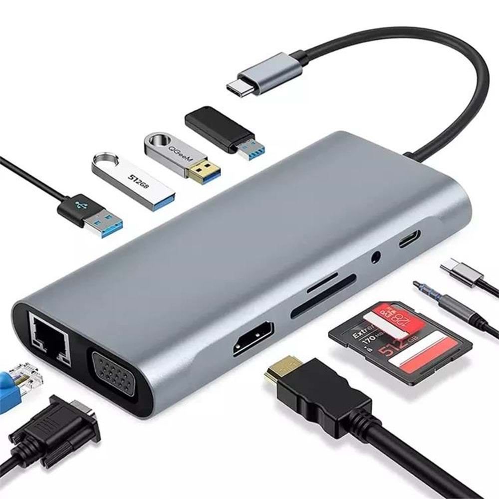 NBTech NB-U525 11 in 1 Macbook, Ultrabook Type C Docking, Type C to 4K@30Hz Gri Metal PD Charge, HDMI, VGA, Audio SD/TF Card, USB3.0, RJ45 Type C Adaptör