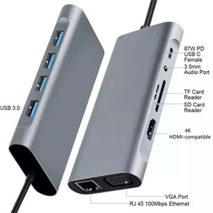 NBTech NB-U525 11 in 1 Macbook, Ultrabook Type C Docking, Type C to 4K@30Hz Gri Metal PD Charge, HDMI, VGA, Audio SD/TF Card, USB3.0, RJ45 Type C Adaptör