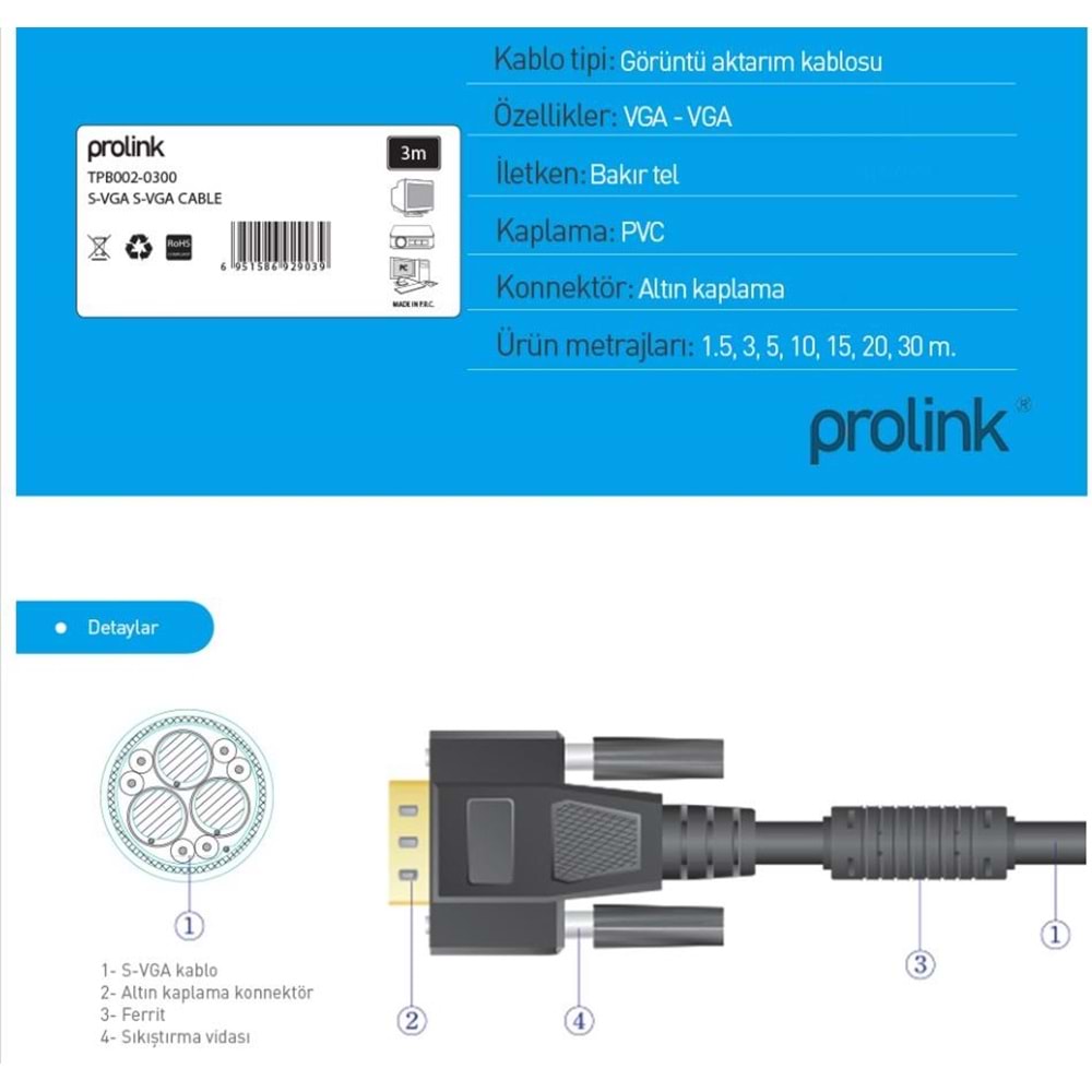PrimeX Prolink TPB002-1500 15 Metre Vga Kablo Filtreli, Vga to Vga Kablo Altın Uçlu