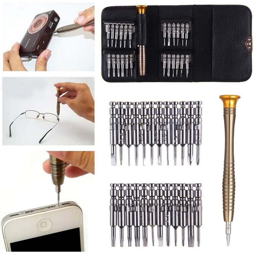 PrimeX TRN-25 Deri kılıf Elektronikçi Tornavida Seti, Saatçi Tornavida Seti, Cep Telefonu Tornavida Seti, Bilgisayar Tamir Tornavida Seti, Mini Tornavida Seti 25'li
